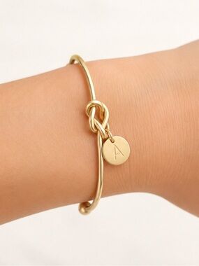 Gold Knot Initial Charm Bangle Bracelet - Letter A